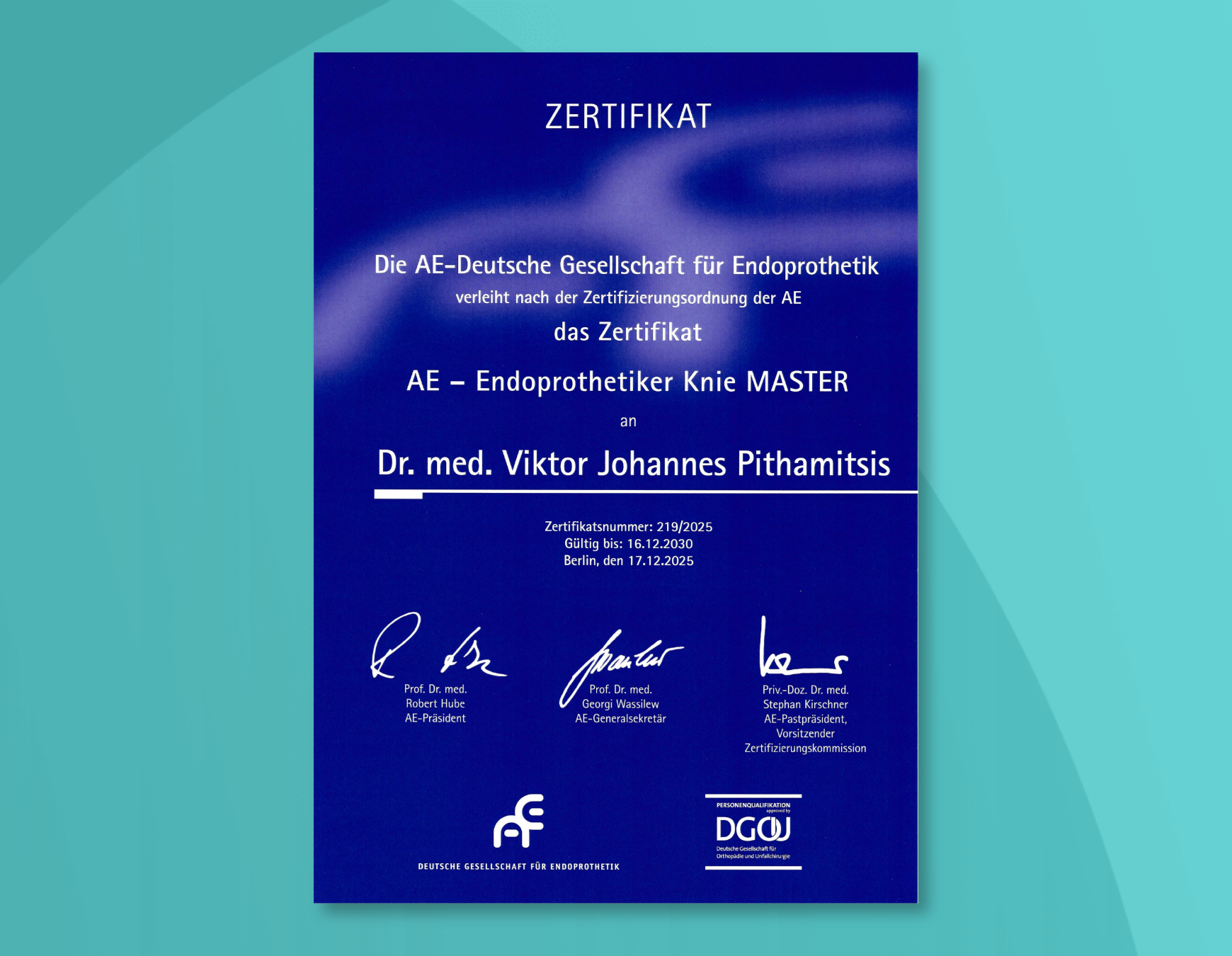 Zertifikat Knieendoprothese Dr. Pithamitsis